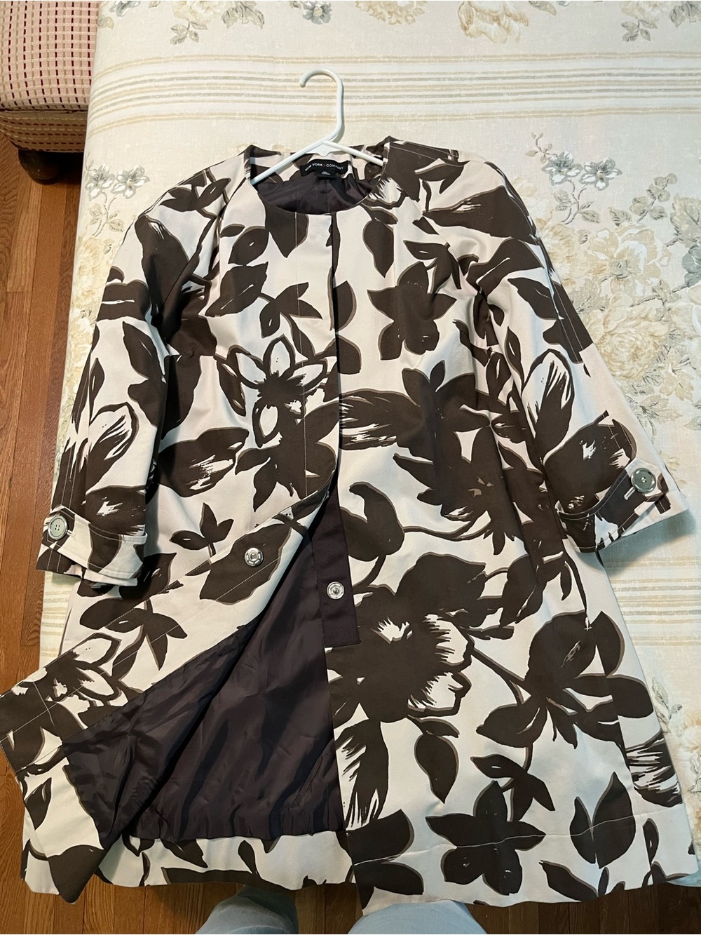 Floral Print Swing Coat in Black & Cream